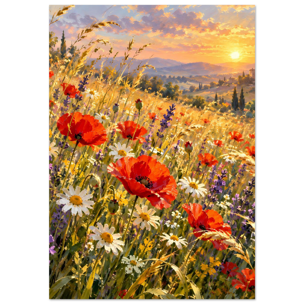 Hochformatiges Poster mit Blumenfeld aus Mohn, Gänseblümchen und violetten Akzenten am Himmel