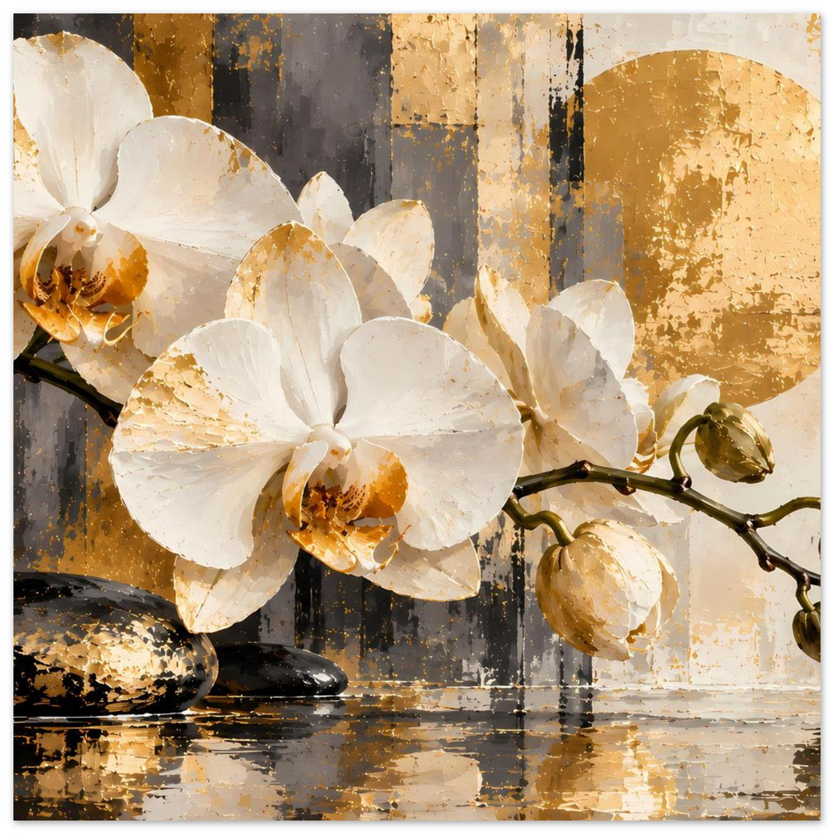 Orchideenposter mit weißen Orchideenblüten, goldgelben Akzenten und Stein-Elementen rechts