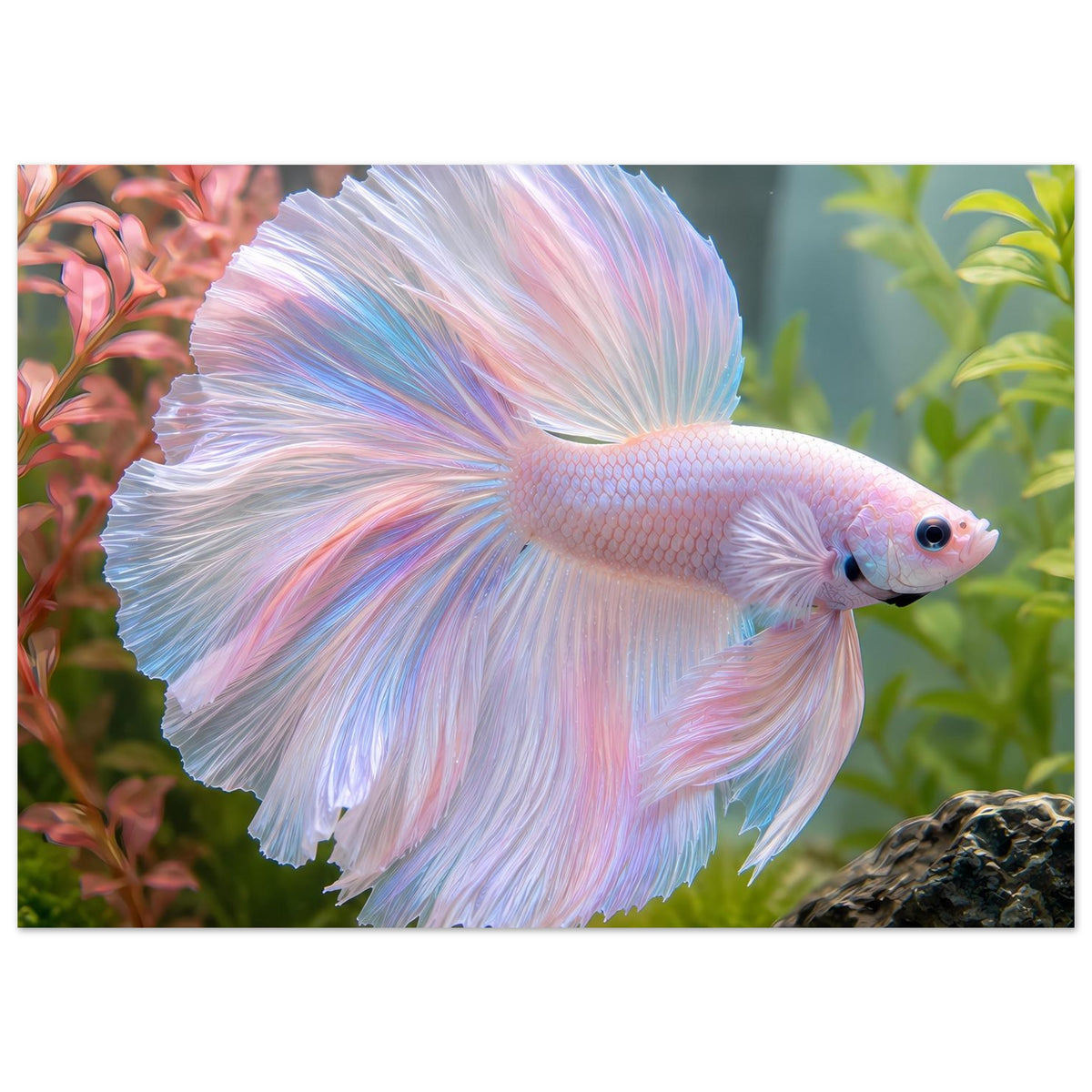 Poster mit Betta-Fisch in Blau-Rosa-Pastell, großer Fächer aus Flossen im Aquarium-Motiv