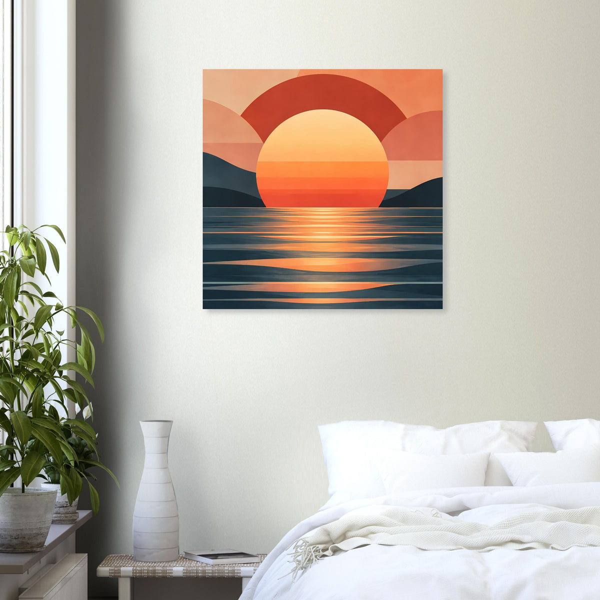 Quadratisches Wandbild mit großer Sonne, roten Bögen und Spiegelungen im Meer