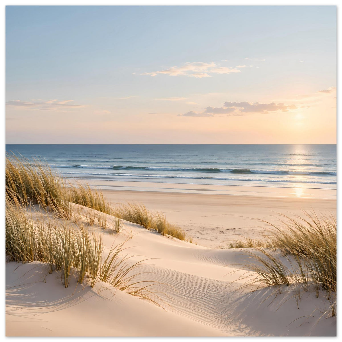 Horizontales Poster mit Dünen und Küste, Sonnenuntergangslicht über dem Wasser auf mattem Papier