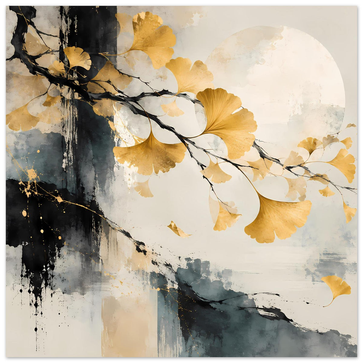 Kunst-Poster: goldenes Ginkgoblatt mit schwarzen Ästen auf beigem Aquarell, querformatig