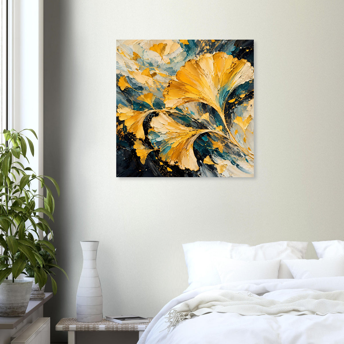 Quadratisches Wandposter mit Ginkgo-Blättern: goldgelber Schimmer, tealfarbene Wirbel, dunkle Töne.