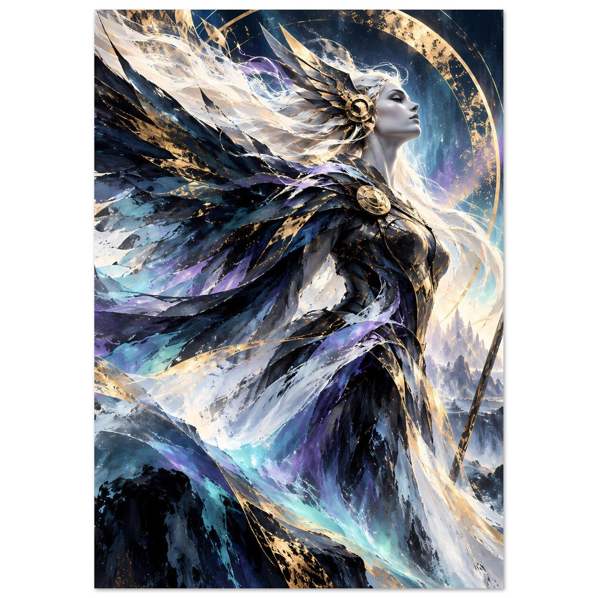 Fantasy-Göttin-Poster, vertikal: weibliche Figur mit Flügeln, blau-schwarzes Gewand, golden.