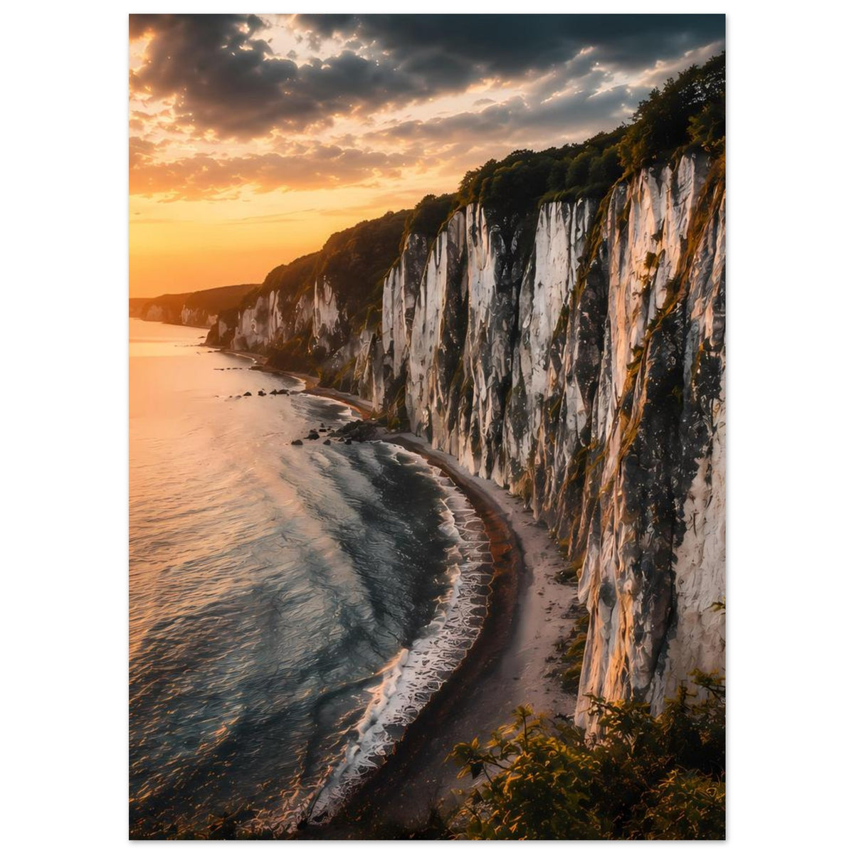 Poster mit Steilküste und Uferlinie, Wellen kurz vor dem Strand bei Sonnenuntergang