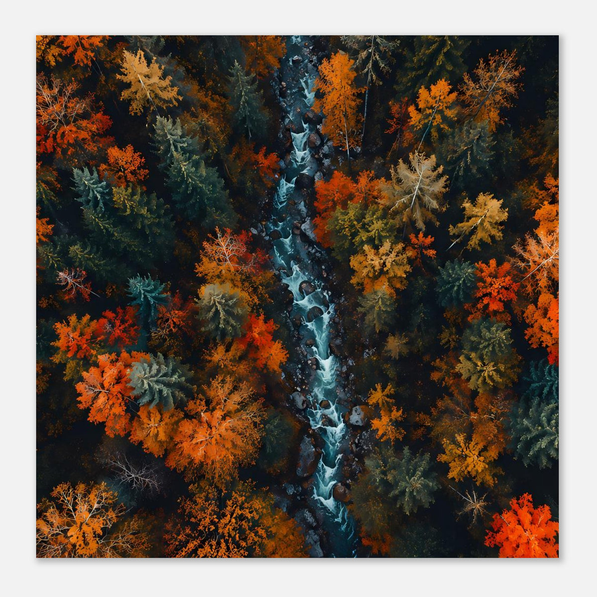 Herbstliches Flusswald-Poster mit zentralem Bachlauf und bunten Baumkronen im Herbst