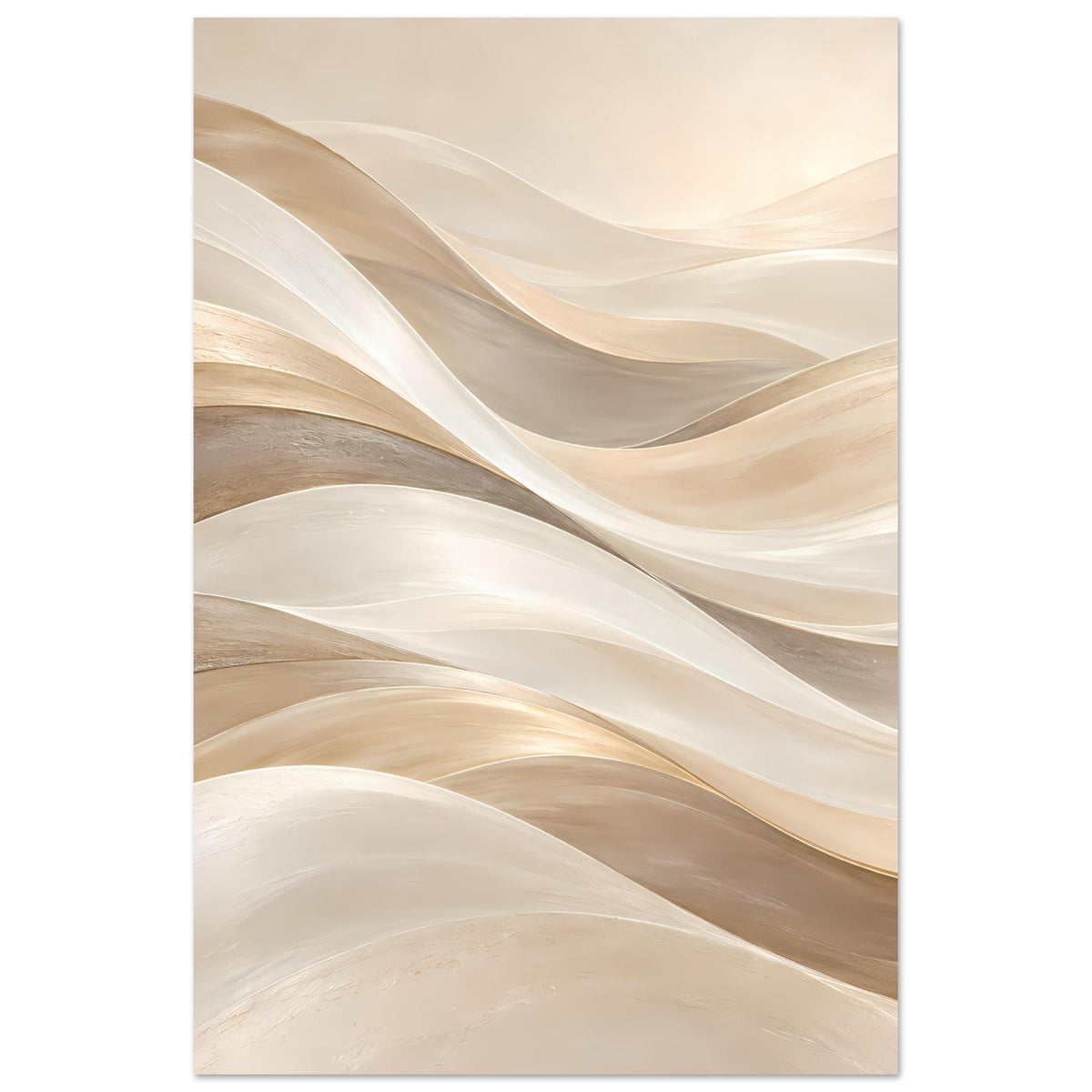 Kunstposter im Hochformat mit abstrakten Wellen in Creme und goldfarbenen Strukturen, gerahmt
