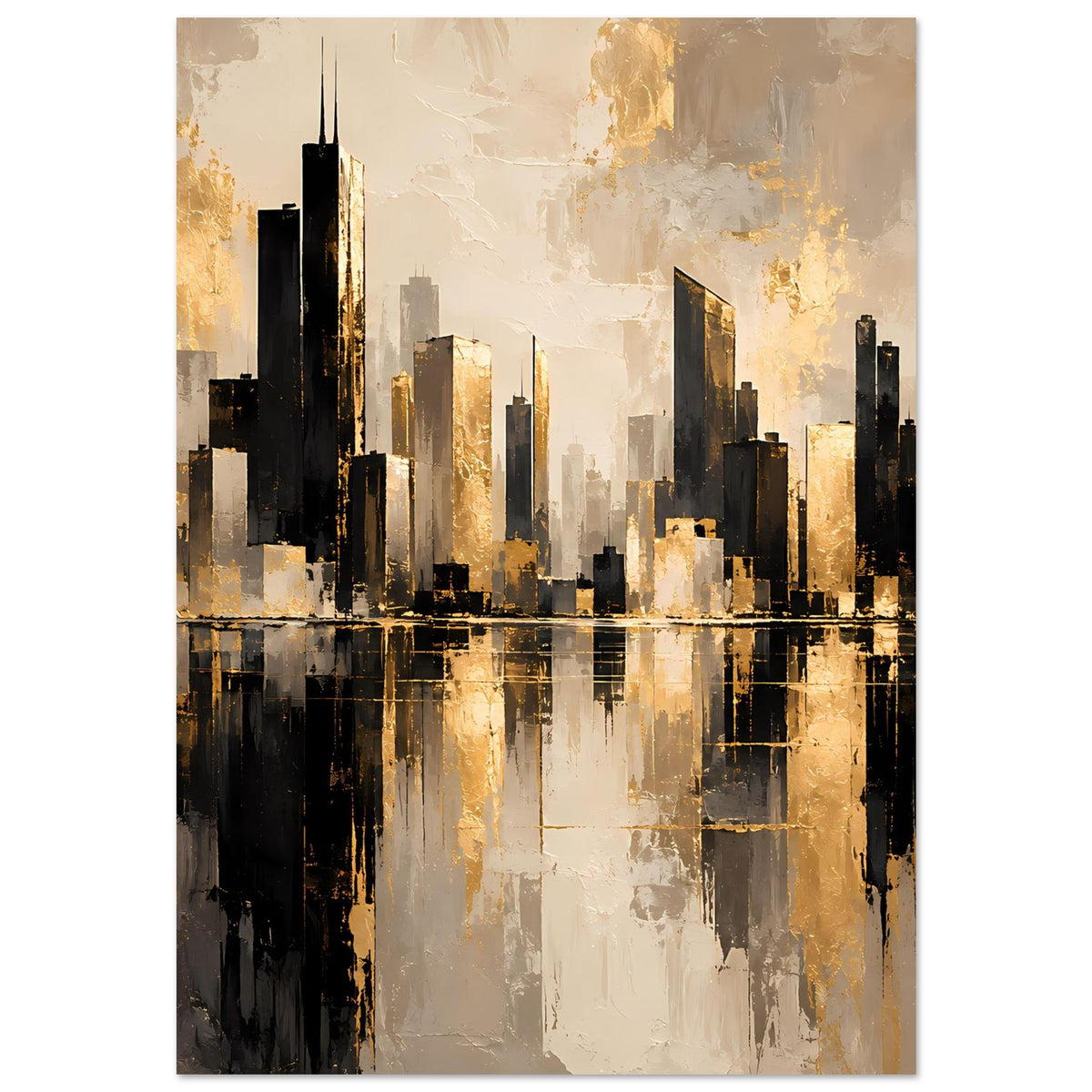 Vertikales Poster: Stadtlandschaft mit gold-schimmernden Wolkenkratzern und Spiegelung