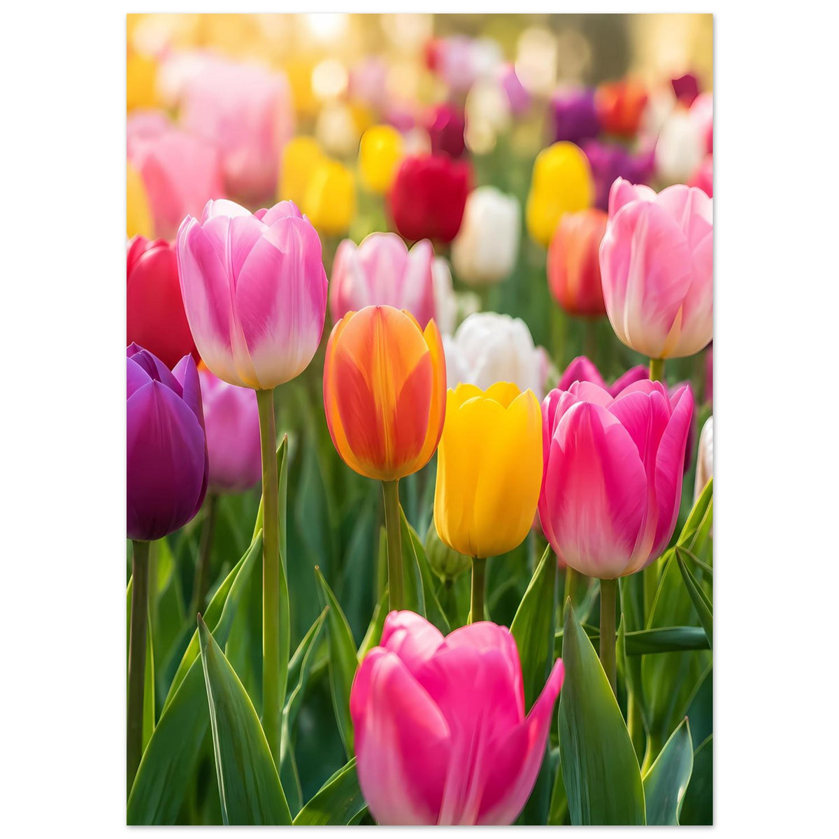 Tulpen-Blumenposter: mehrere pinke Tulpen, gelb-orange Blüte und violette Blume