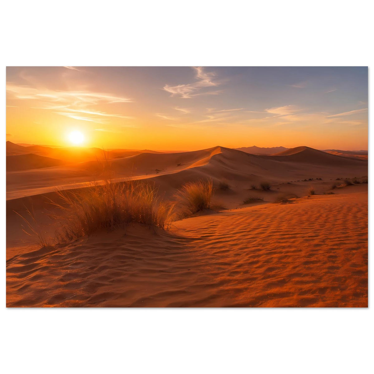 Wüstenlandschafts-Poster im Querformat mit Sanddünen, Dünenkämmen und goldener Sonne