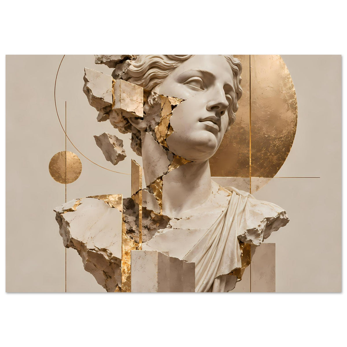 Kunstposter mit fragmentiertem Skulpturkopf, cremefarbenen Flächen und goldenen Akzenten
