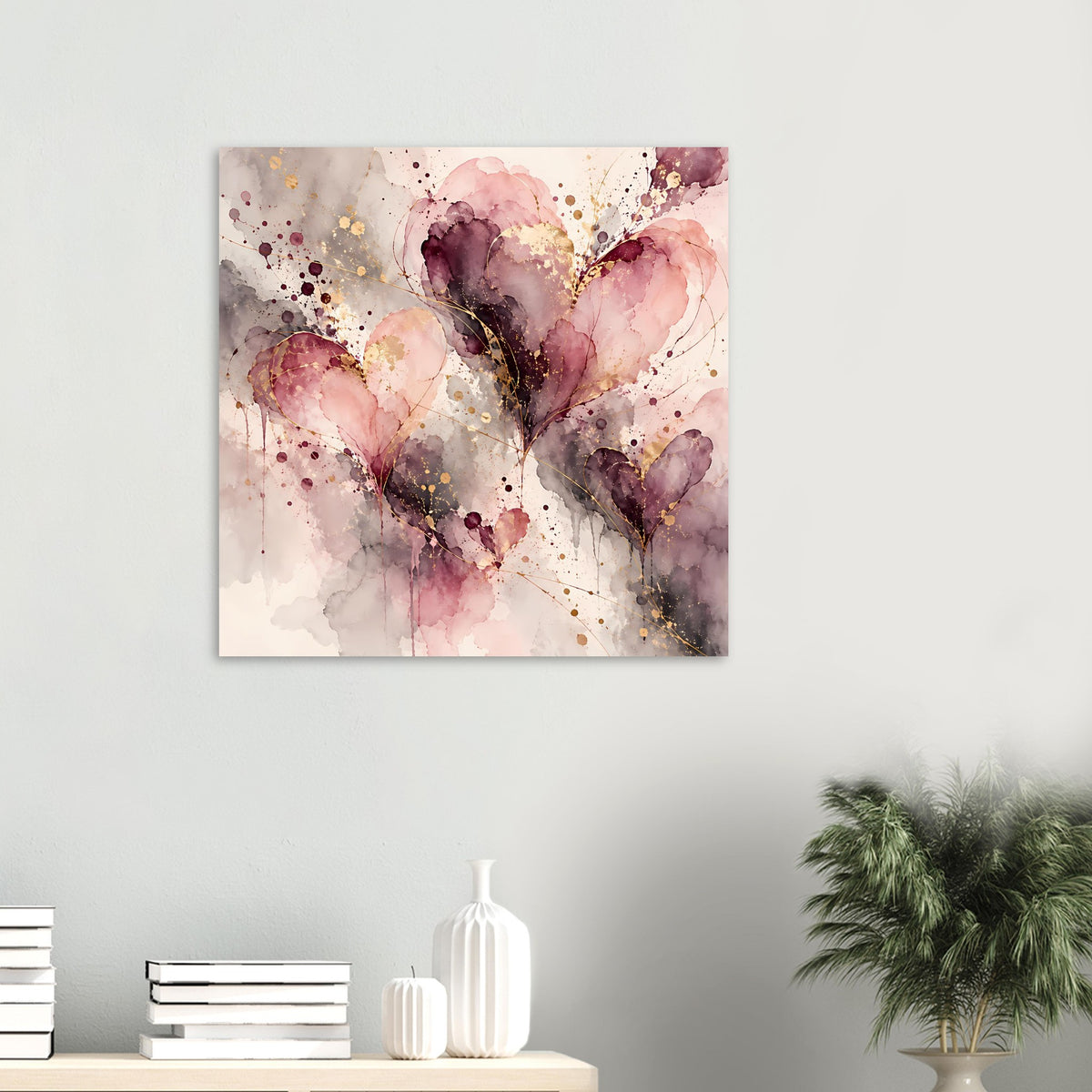 Poster im Quadratformat: abstrakte Herzen in Rosa, Violett, Grau und goldenen Sprenkeln