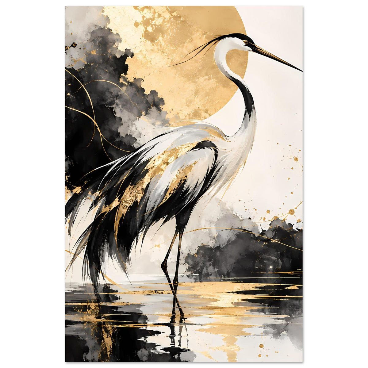 Vogelposter mit Kranich in Schwarz, Weiß und Gold; vollansicht mit Spiegelung im Wasser