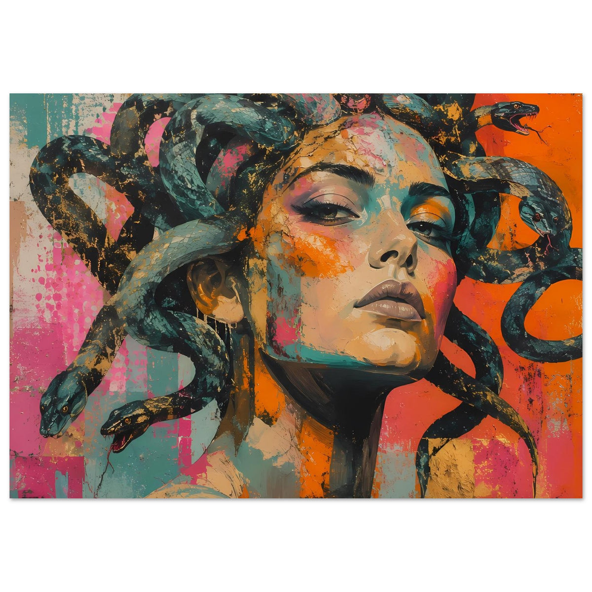 Poster mit Medusa-Gesicht, Schlangenhaar in bunten Tönen und gemaltem, abstraktem Stil
