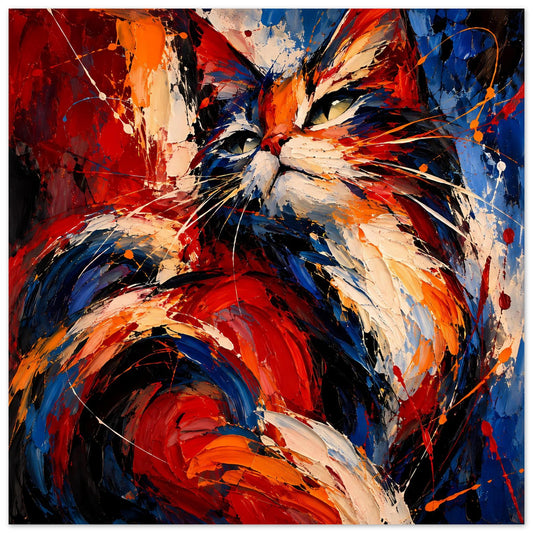 Quadratisches abstraktes Katzenposter mit dynamischem Farbspiel in Rot, Blau und Weiß