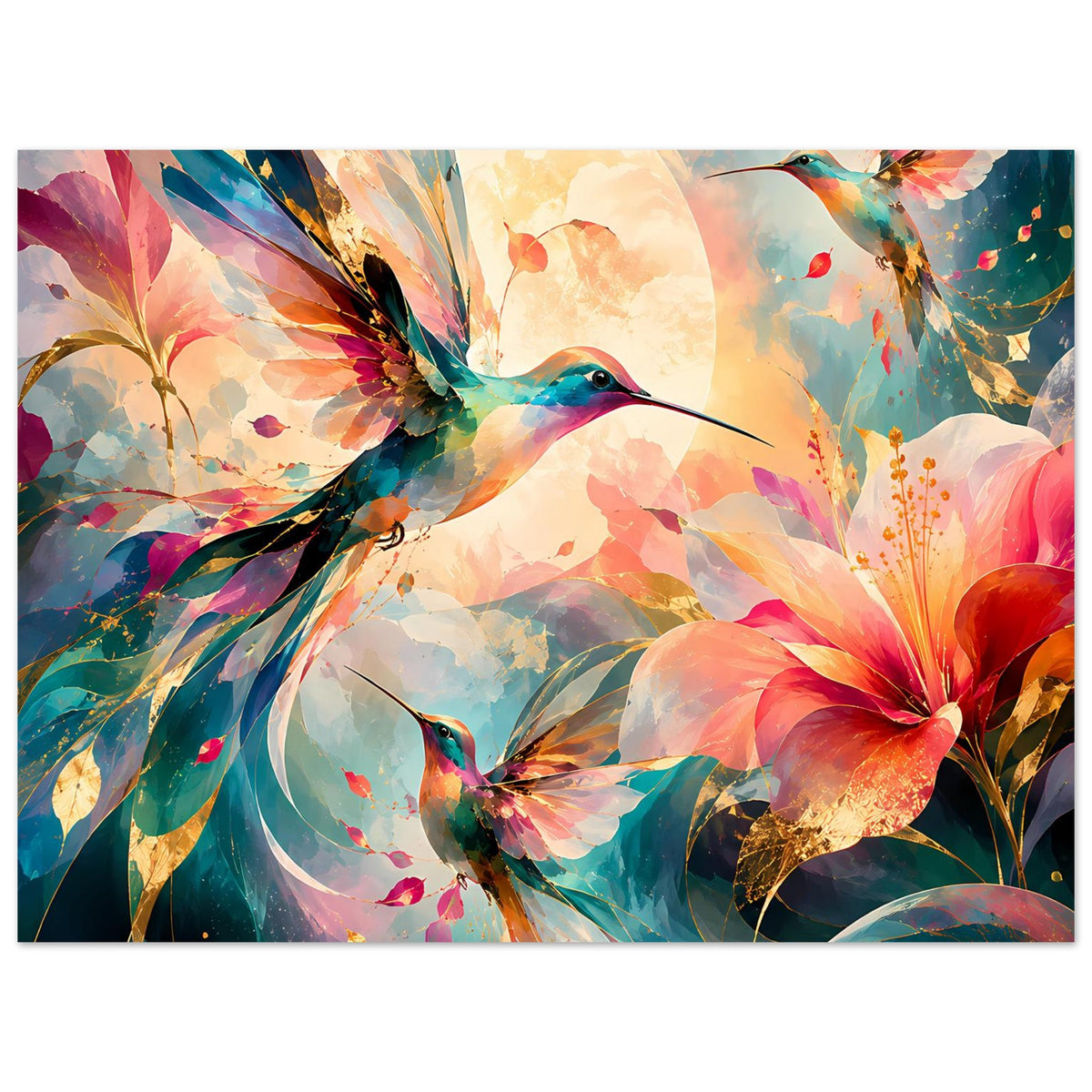 Kunstposter im Querformat mit Kolibris, großen rosa-orangen Blüten und bunten Federn