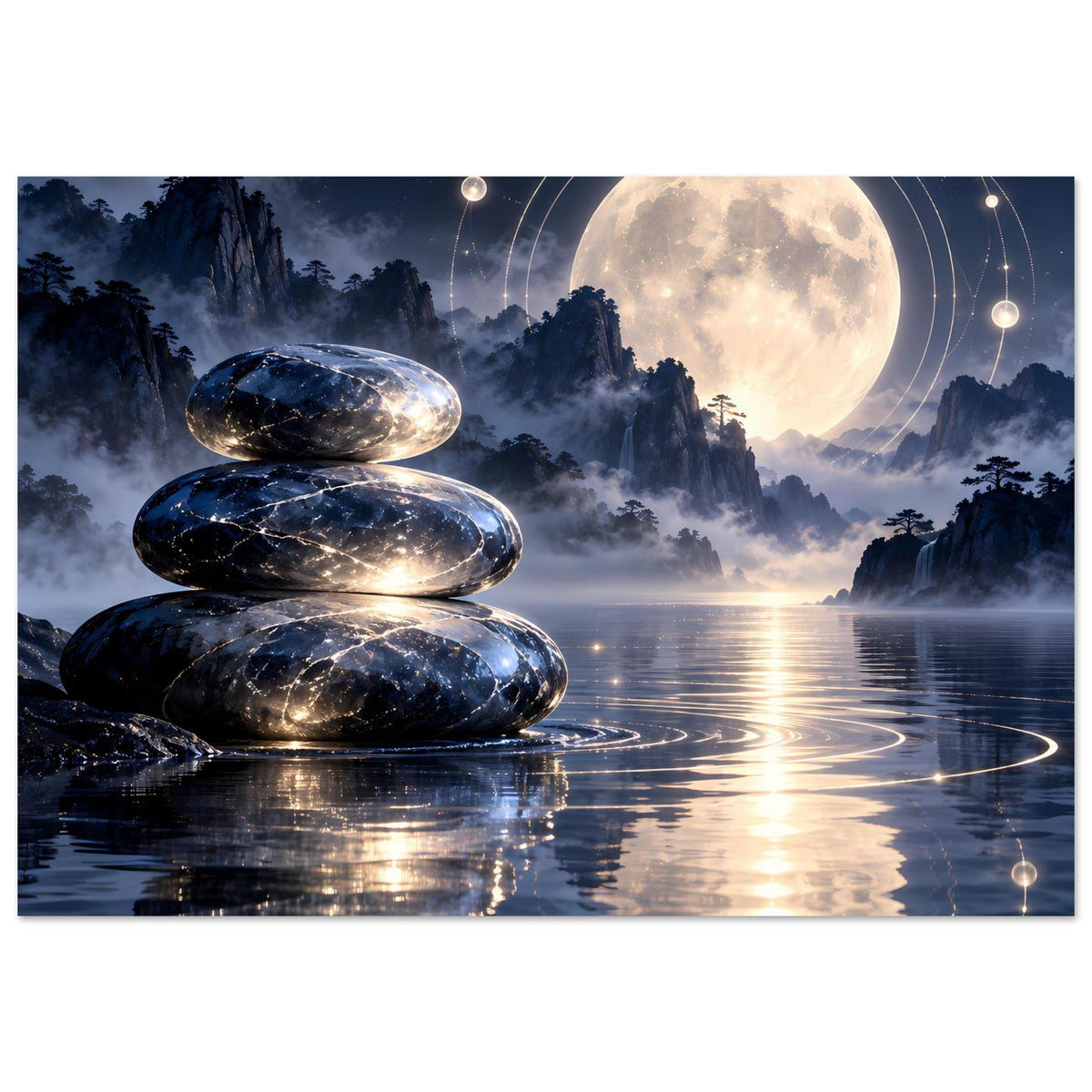 Poster mit Zen-Steinen, Vollmond und See im Nebel bei Nacht
