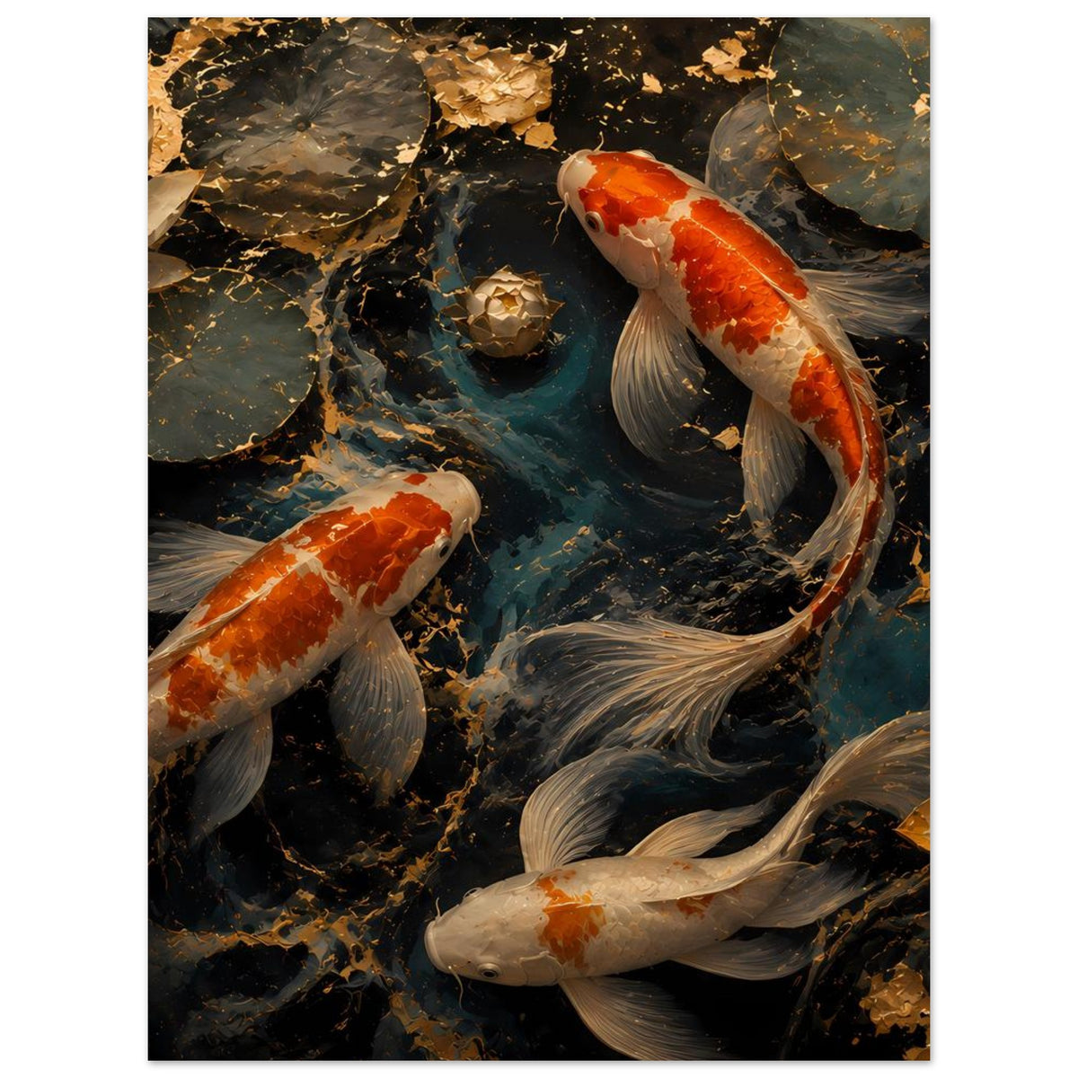 Poster mit Koi-Fischen im Teich, orange-weiße und silbergraue Tiere, Stein- und Wasseroptik
