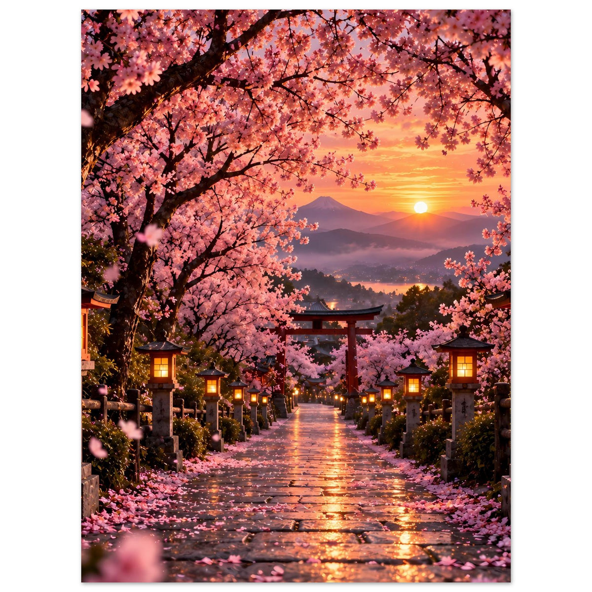 Sakura-Kirschblütenweg Poster mit Torii-Tor, pinken Blüten, goldenem Sonnenuntergang