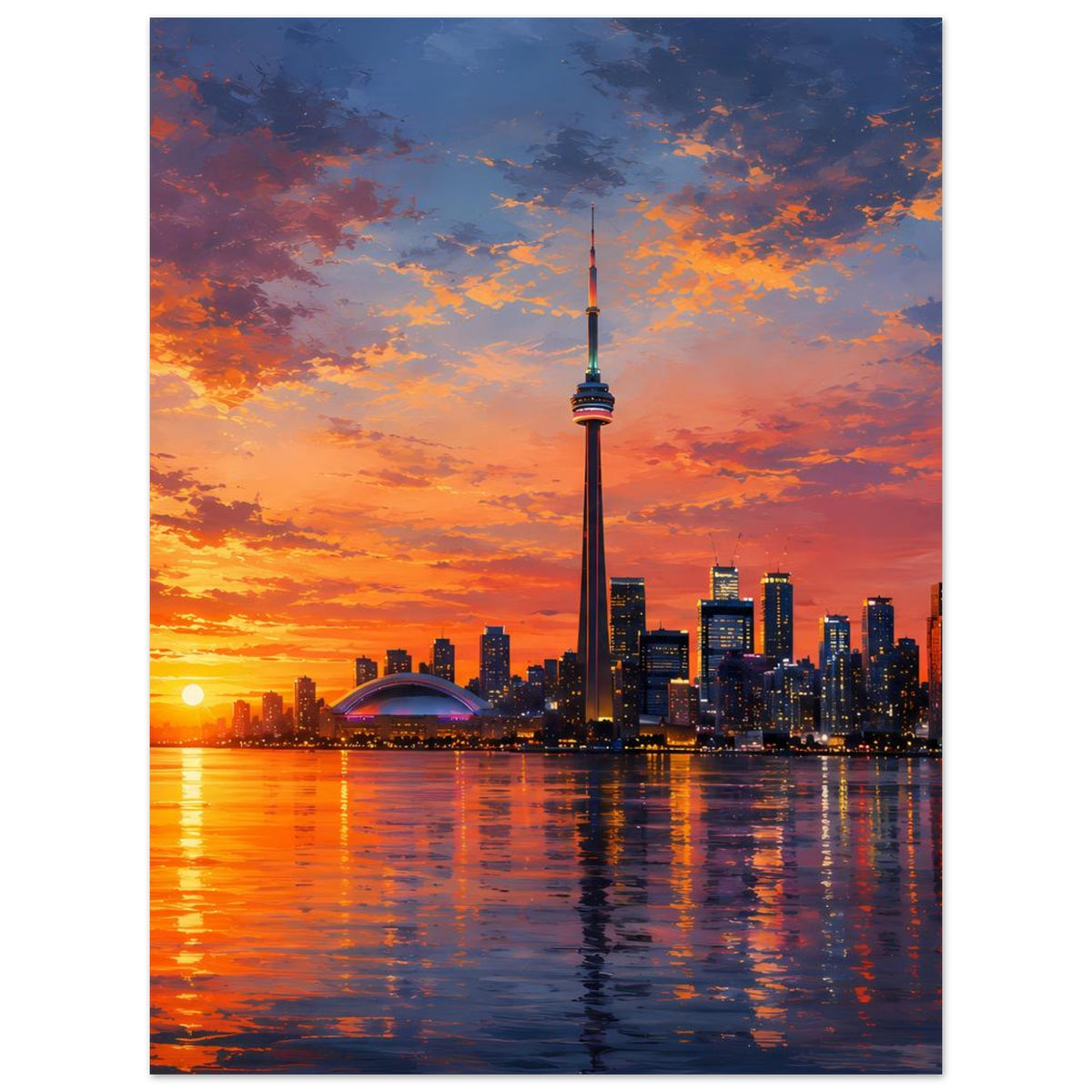 Stadtmotiv-Poster im Hochformat mit Fernsehturm, Skyline und Sonnenuntergang links