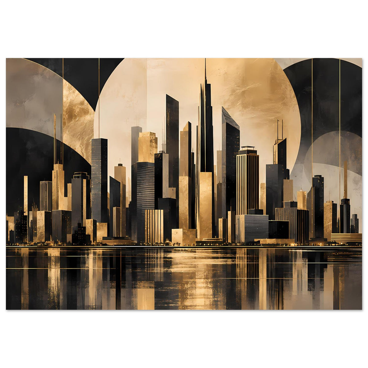 Horizontales Poster mit Skyline in Gold und Schwarz und langen Lichtreflexen