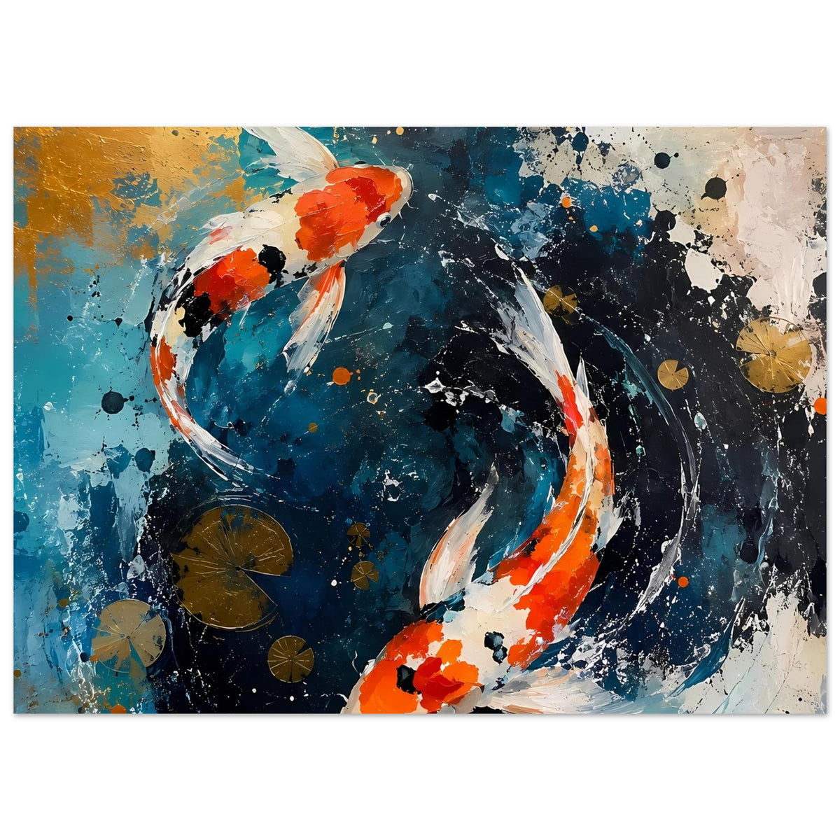 Poster mit zwei Koi in Orange, Weiß und Dunkelblau im dynamischen Wasserwirbel