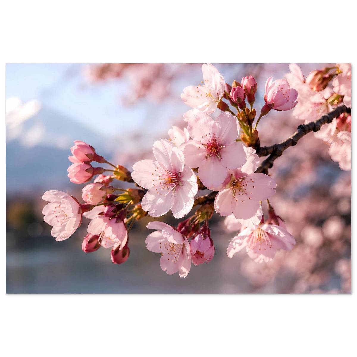 Sakura-Blütenposter mit rosa Blüten und Knospen, dunkler Ast, Querformat