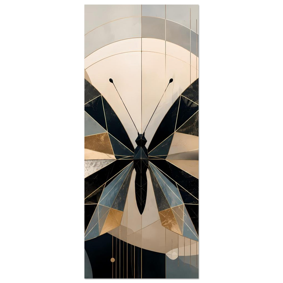 Geometrisches Schmetterlingsposter im Hochformat: schwarze Facetten, Petrol- und Goldtöne.