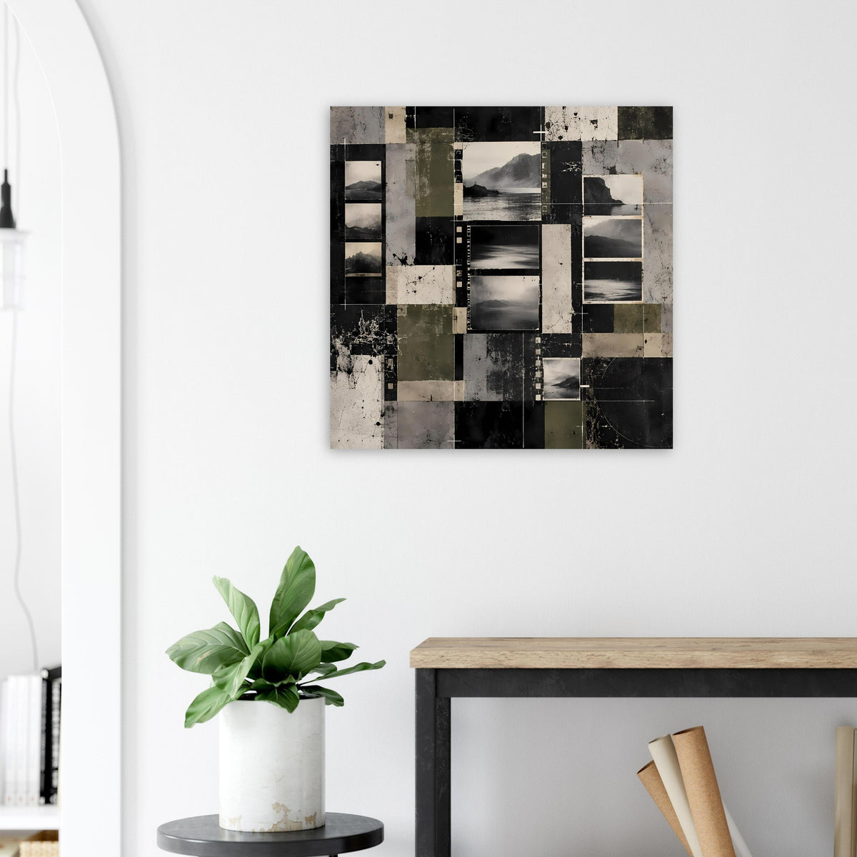 Abstraktes Landschafts-Poster mit Blockgrafik in Dunkelgrau, Schwarz und Beige