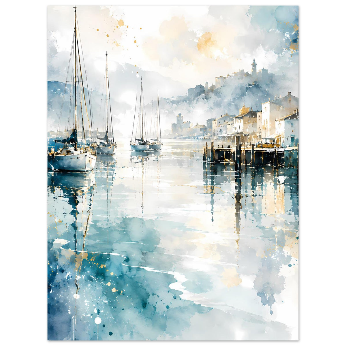 Aquarell-Poster mit Segelbooten im Hafen, Stadt am Ufer und türkisfarbene Spiegelungen
