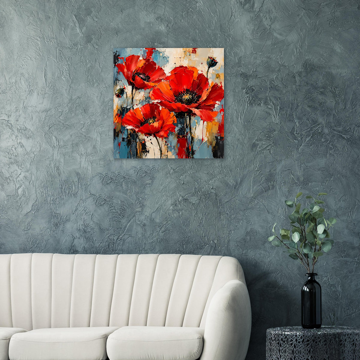 Quadratisches Poster mit abstrakten roten Mohnblumen auf hellen Farbbereichen
