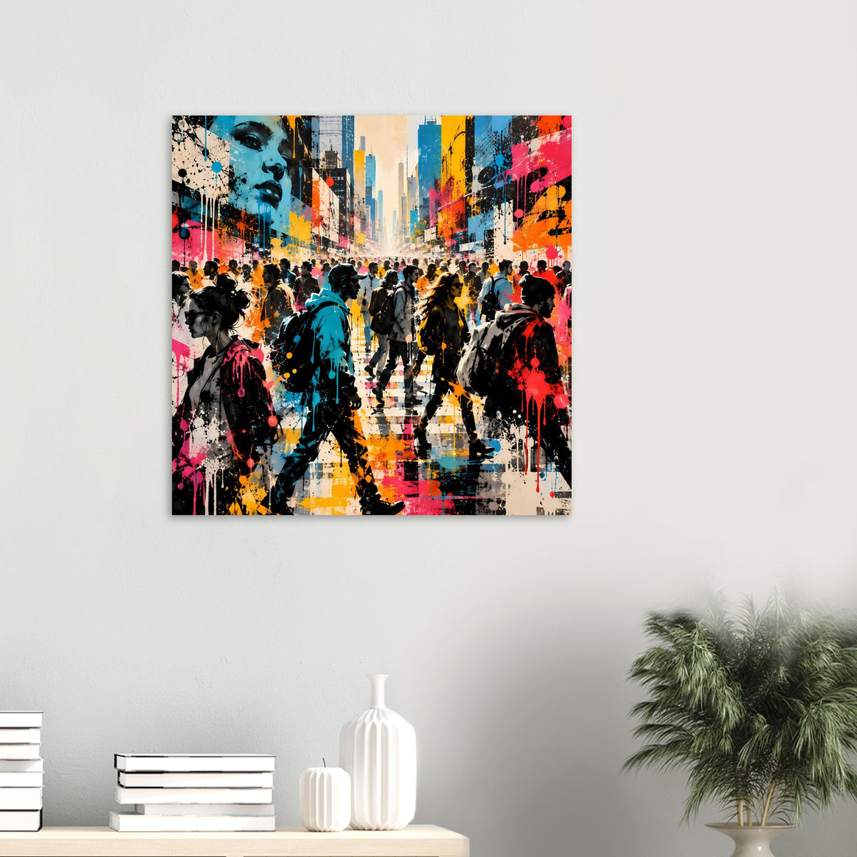 Street-Art-Poster im Querformat: reduzierte Perspektive auf bunte Fußgängerzone, Sprüh-Graffiti