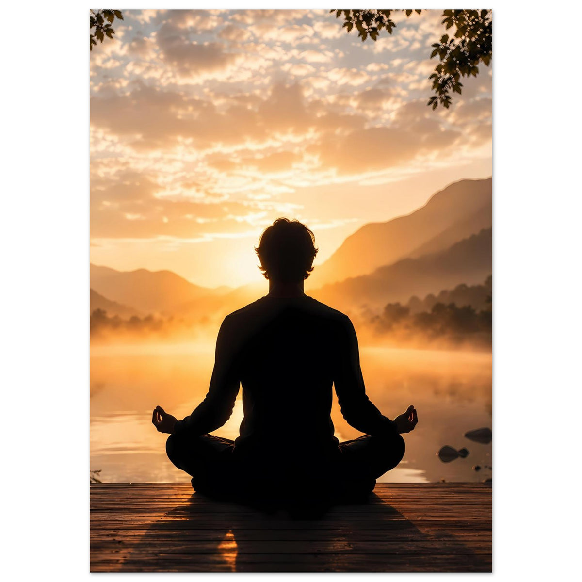 Meditationsposter Hochformat mit Meditierender Silhouette, warmem Licht und Bergen