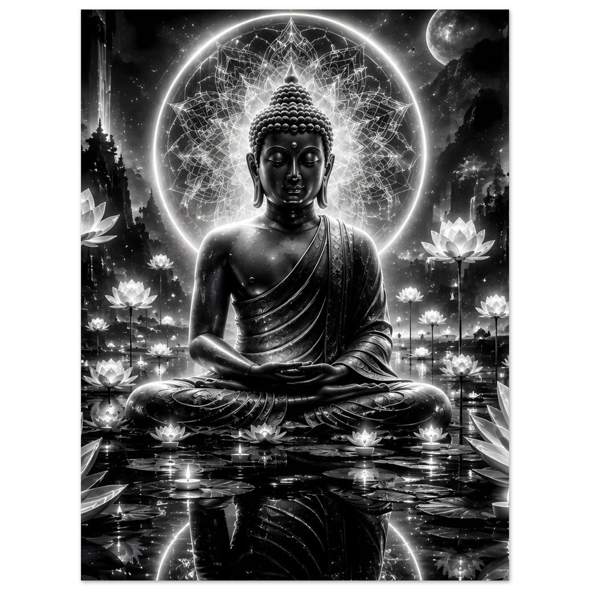Buddha-Serenity-Poster mit meditierender Statue im Kreis aus Lotos- und Lichtersymbolen, schwarz-weiß