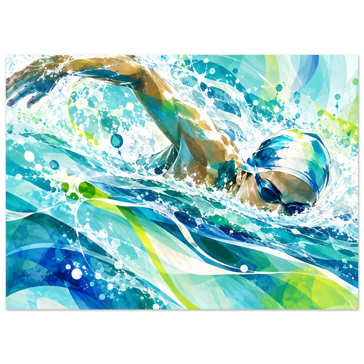 Querformat-Poster mit abstrakter Schwimmerbewegung, gesprenkelte Wassertropfen in Blau/Grün