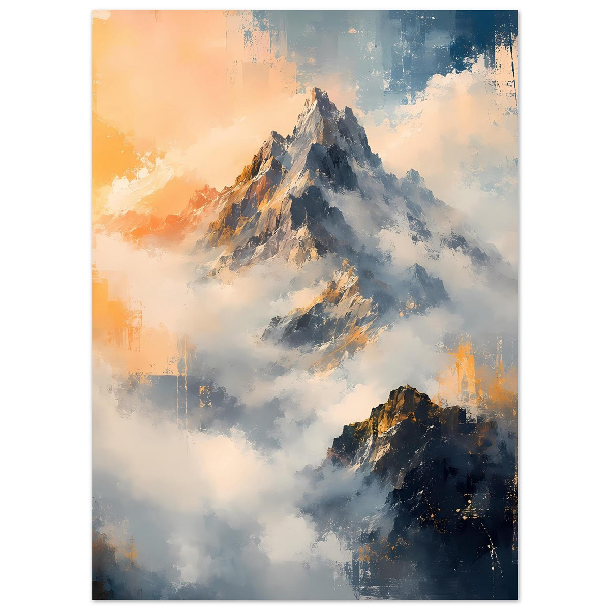 Poster mit dramatischer Berglandschaft im Sonnenaufgang, warme orange Wolken, kühle Blauflächen