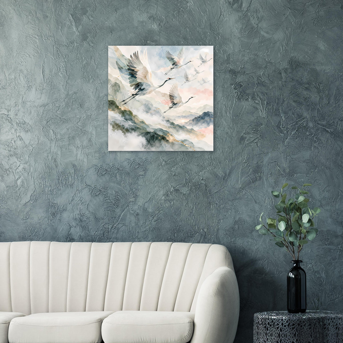 Quadratisches Poster mit Kranichen im Aquarell, sanfte Farben und Goldakzente