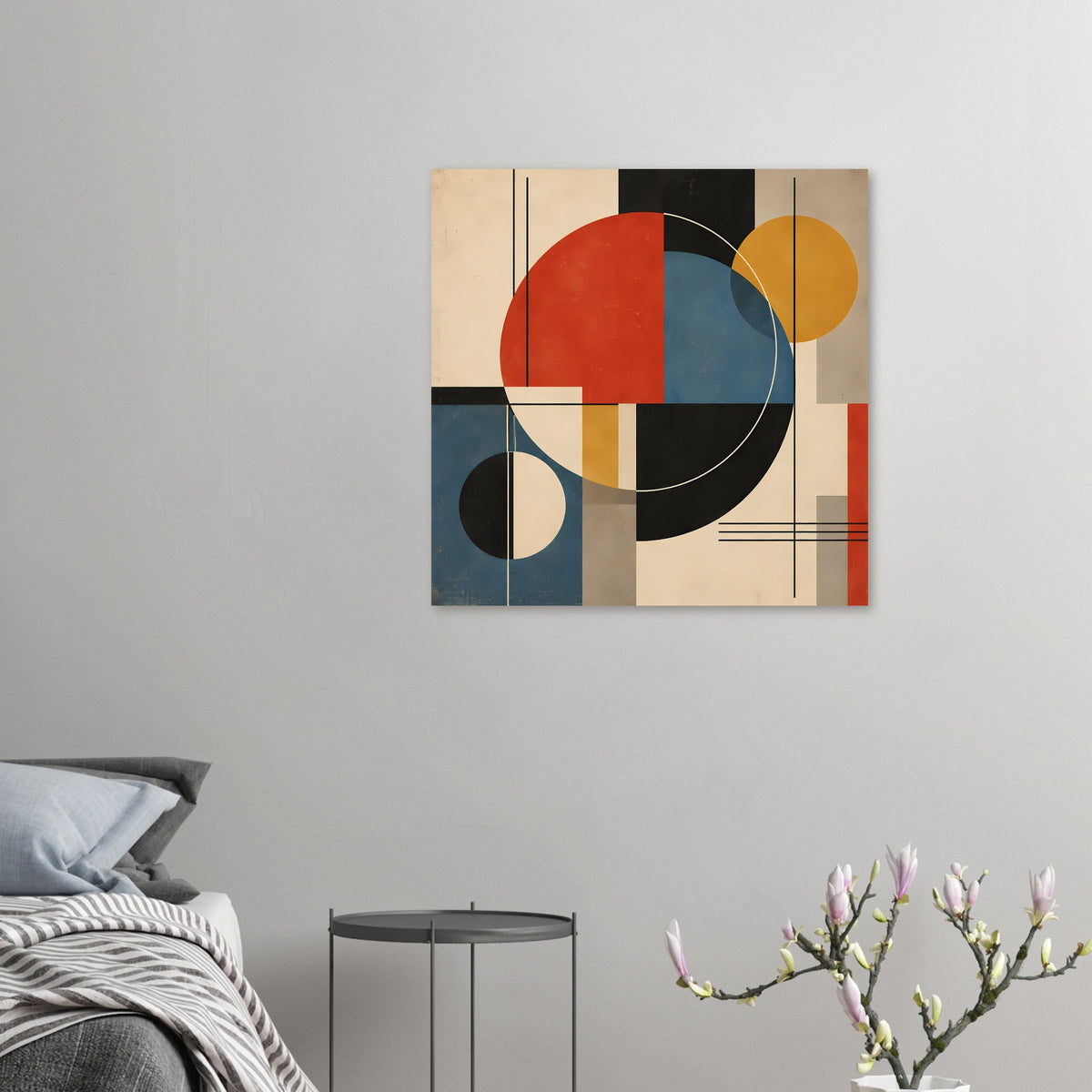 Kleines geometrisches Kunstposter mit Kreisflächen, Streifen und Linien in Rot, Blau, Gelb und Schwarz.