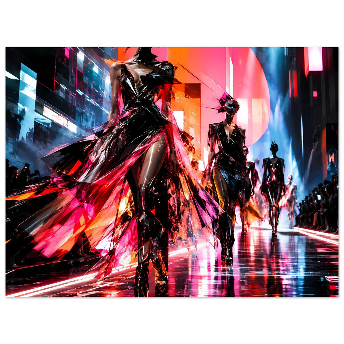 Futuristisches Mode-Poster mit neonfarbenen Laufsteg-Silhouetten, vordere Figur und Reihe dahinter