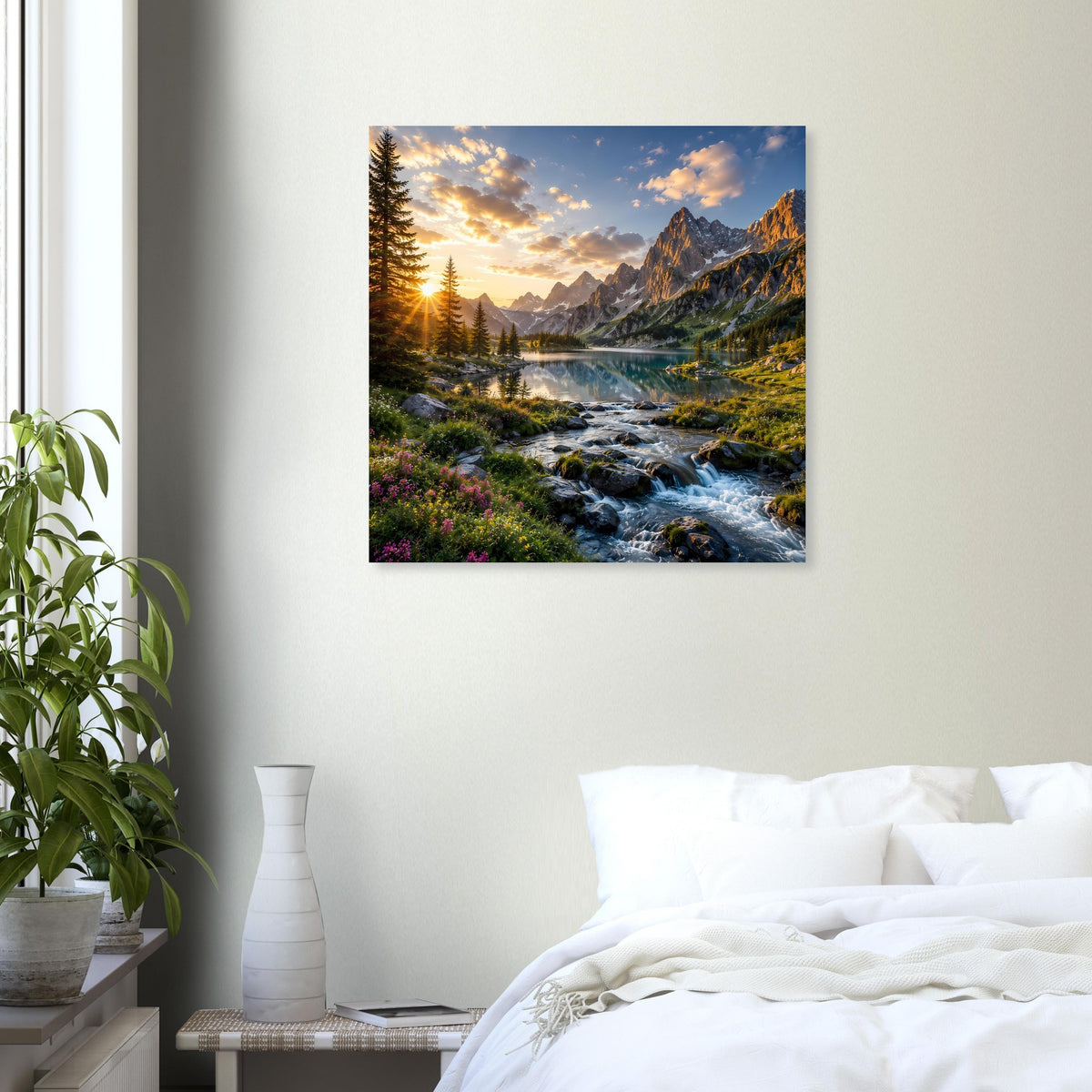 Quadratisches Poster mit Alpenlandschaft, rauschendem Bach und goldenen Sonnenstrahlen.