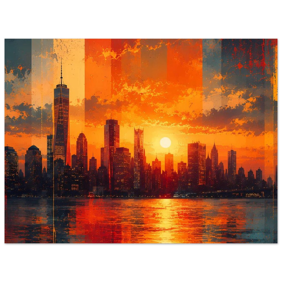 Querformat-Poster mit City-Skyline, leuchtender Sonne und Spiegelung im Wasser