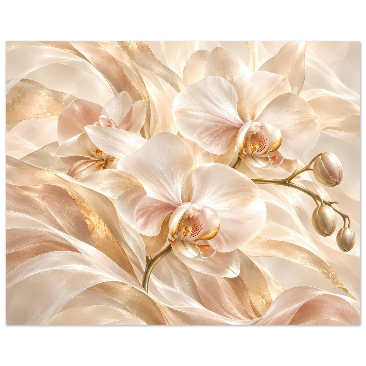 Orchideenposter im Querformat: mehrere weiße Orchideen mit goldenen Details und Blättern