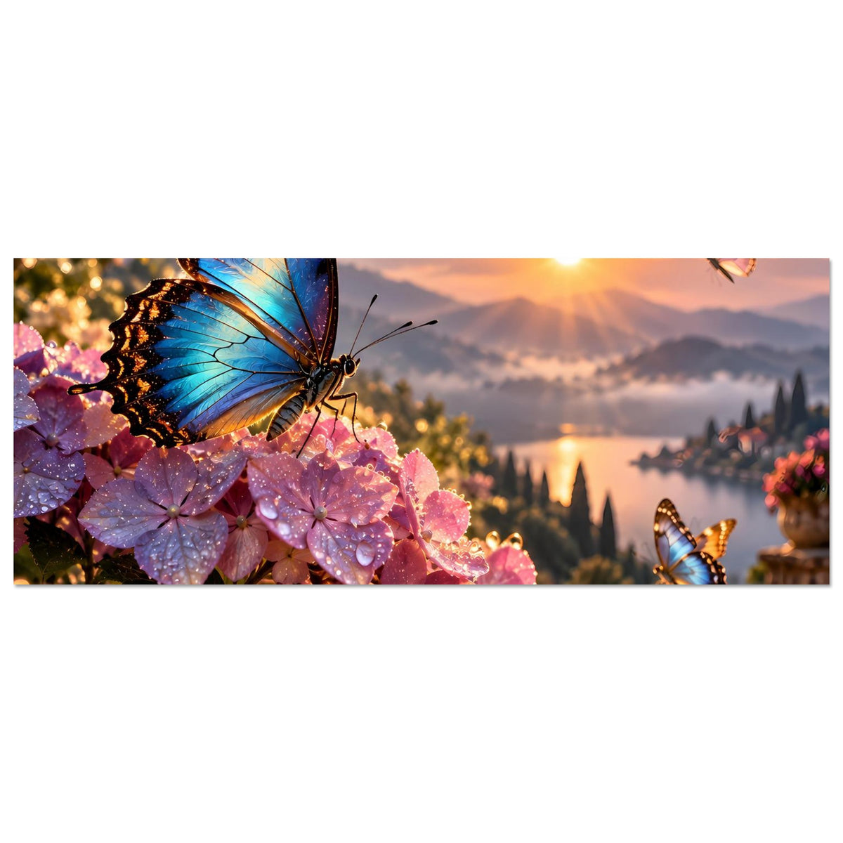 Horizontales Poster mit blauem Schmetterling und rosa Blüten in einer Sonnenuntergangszene