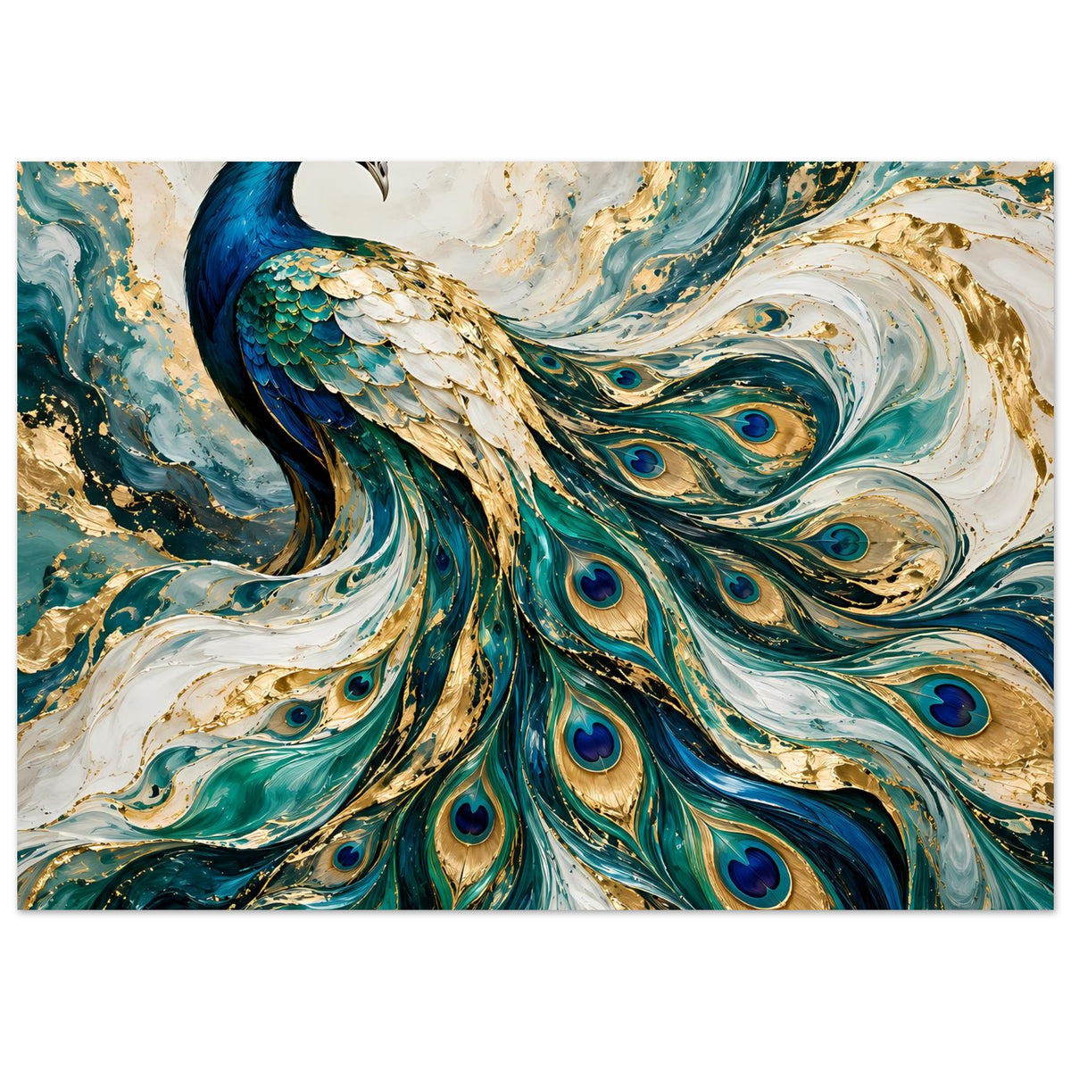 Pfau-Kunstposter im Querformat: blau-grüner Pfau mit goldfarbenen Federakzenten