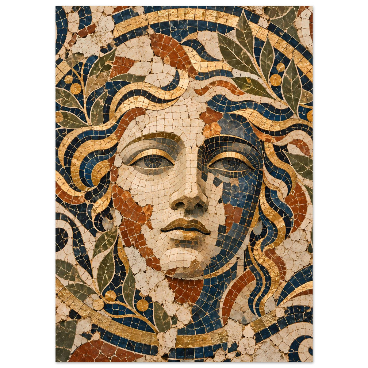 Poster mit vollständig sichtbarem Mosaik-Gesicht, Wellenlinien, Blättern und Kreismotiven