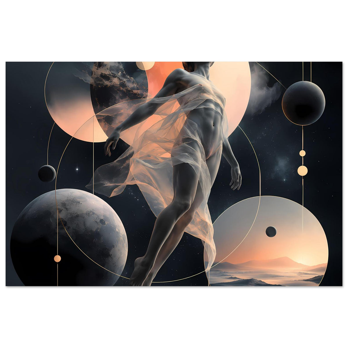 Horizontales Poster: abstrakte Figur zwischen Planetenringen und farbigen Lichtflächen