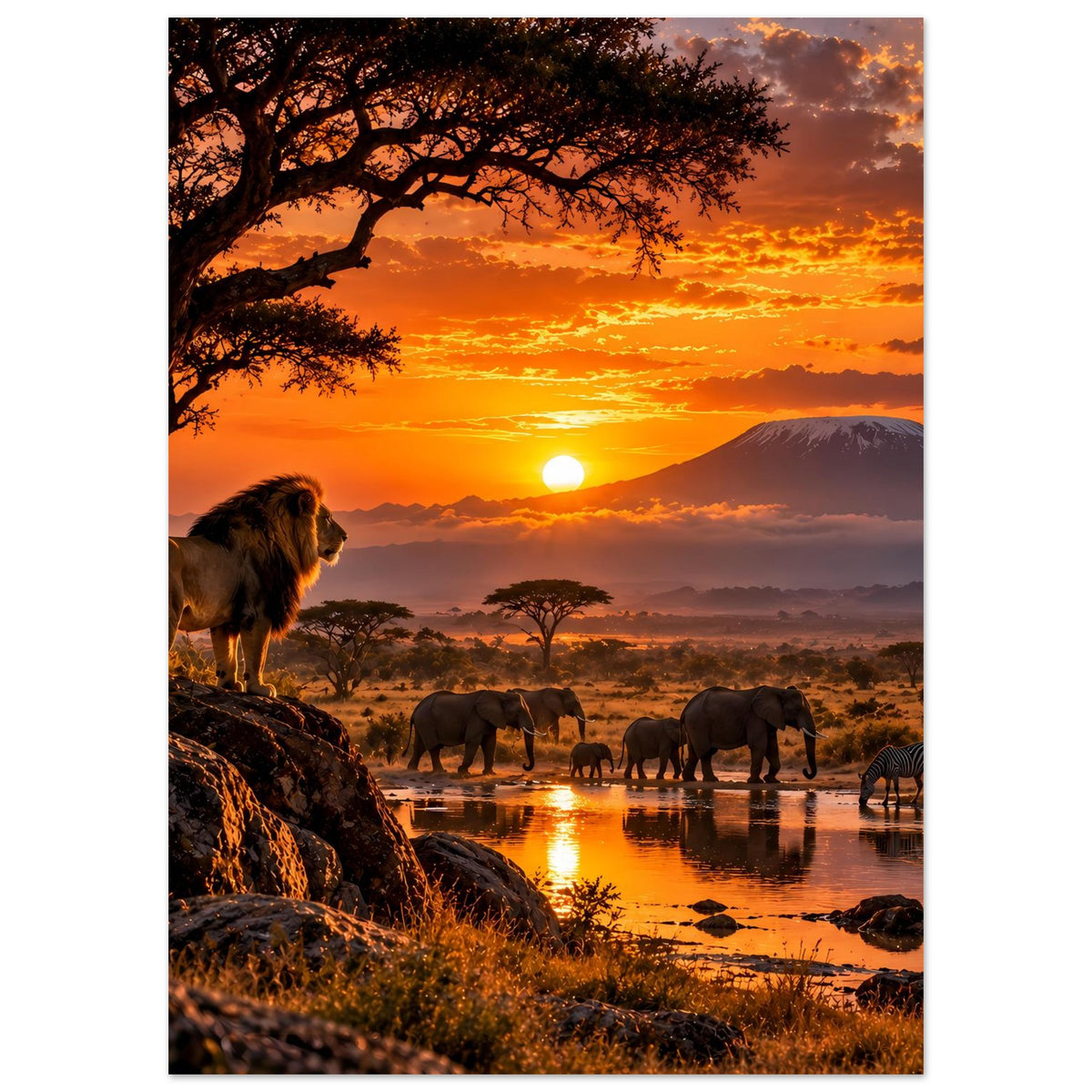 Afrika-Safari-Sonnenuntergangs-Poster, Hochformat: Löwe links, Elefantenherde, orangefarbener Himmel