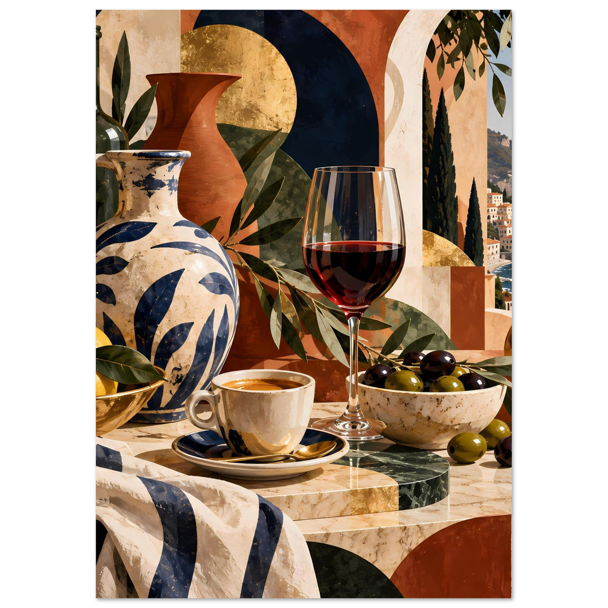 Poster mit mediterraner Tischszene: Vase, Weinglas, Tasse, Oliven und grünes Blattwerk