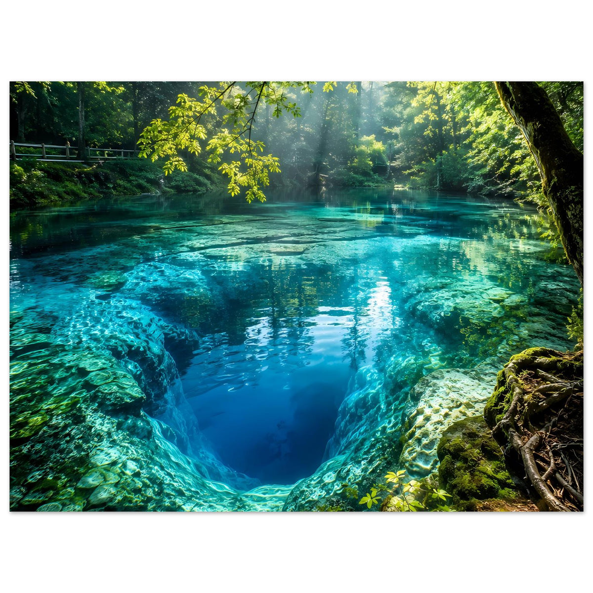 Wandposter mit türkisblauem Bach zwischen Felswänden, Wasserreflexe und grüne Blätter im Vordergrund