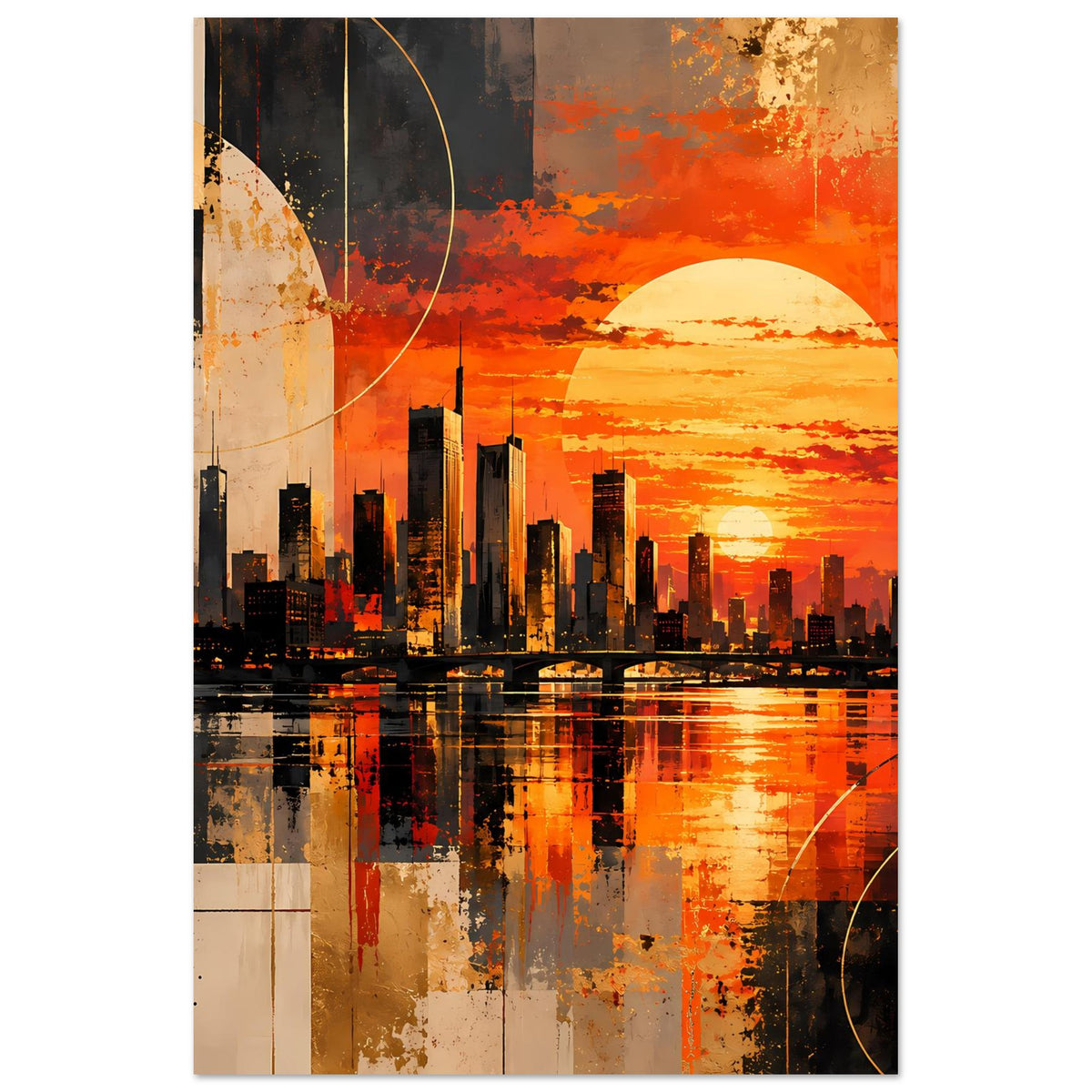 Vertikales Poster mit Stadtsilhouette, orangefarbenem Sonnenuntergang und dunkler Spiegelung